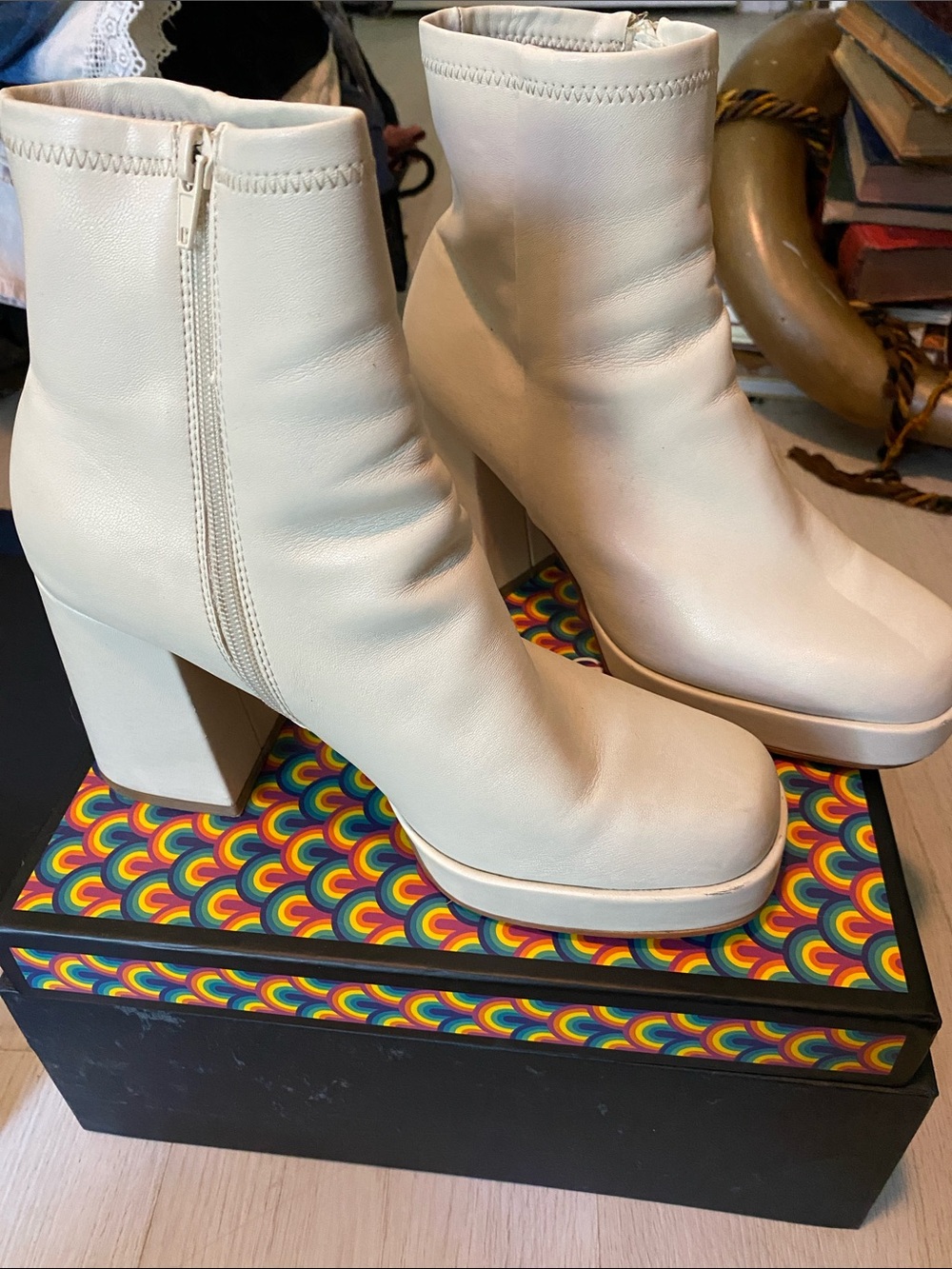 Steve Madden Cream Platform Block Heel Ankle Boots